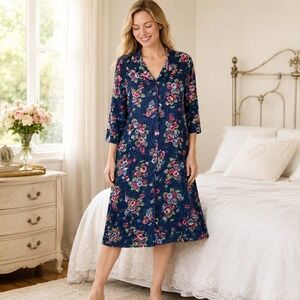 Vanity Fair Vintage Floral Button‎ Front Robe Navy Nylon Tricot M